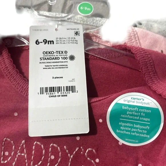 Carter's Baby Girls 3 Piece Bodysuit Set 6-9 Months Short Sleeve Daddys Girl - Picture 5 of 6